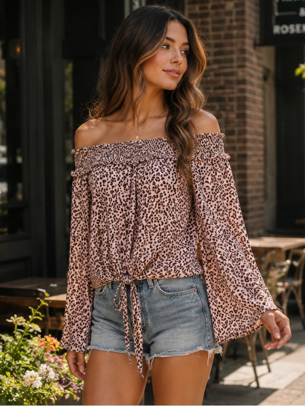 Free People‎ Movement Pink Leopard Off Shoulder Smocked Tie Front Blouse Medium